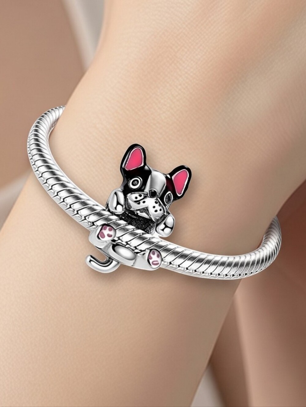 French Bulldog Charm S925 Sterling Silver Bracelet Huggie Frenchie Dog Mom Gift